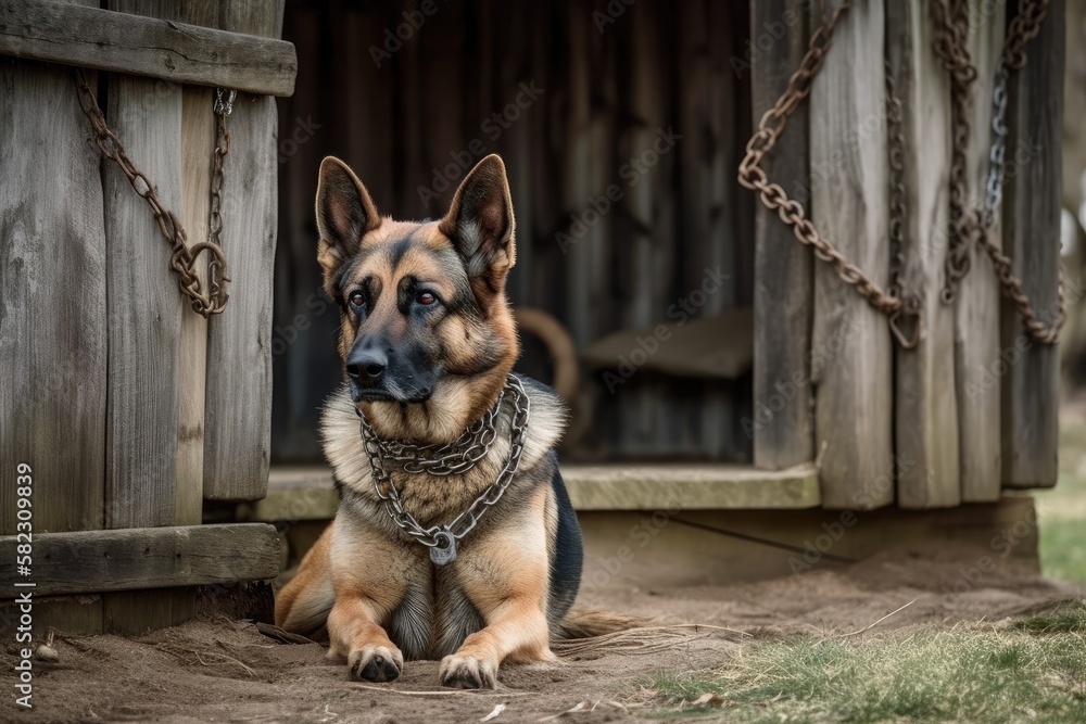 An outdoor dog house, next to a chained, dejected guard dog. Generative AI An outdoor dog house, next to a chained, dejected guard dog. Generative AI
