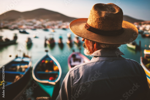 A weary fisherman gazes at his boats in the harbor after a long day at sea, reflecting on the day's adventures and the maritime life he embraces. Generative AI