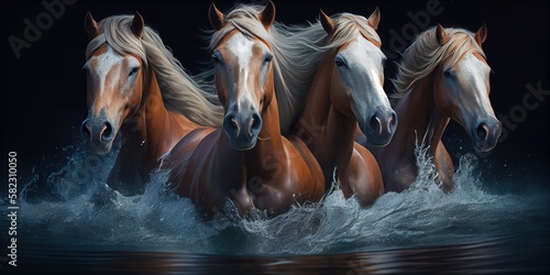 herd of horses run along the river  Horses in the water of the river. ai generative