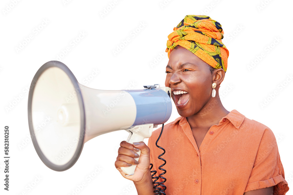 Megaphone, black woman or African protest with voice for justice and