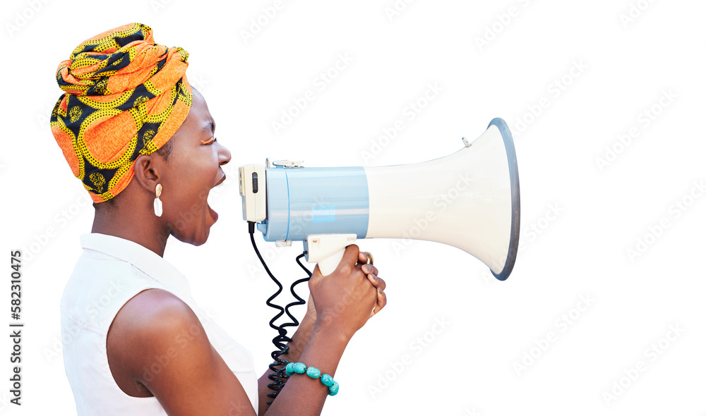 Megaphone, black woman or African protest with voice for justice and freedom of speech or gender equality, isolated on a transparent png background. Vote, shout and politics, angry for change - obrazy, fototapety, plakaty 