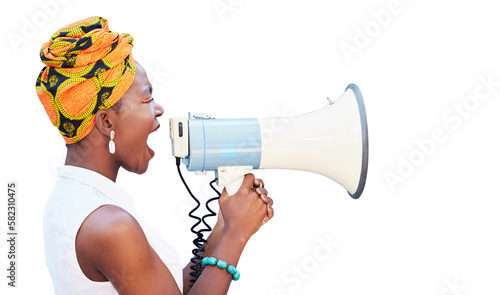Fényképezés Megaphone, black woman or African protest with voice for justice and freedom of speech or gender equality, isolated on a transparent png background