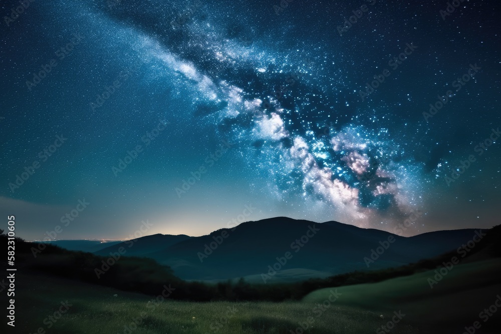 Landscape with blue Milky Way. Night sky with stars and hills at summer. Beautiful universe. Amazing universe. Space background. Beautiful galaxy. Generative AI