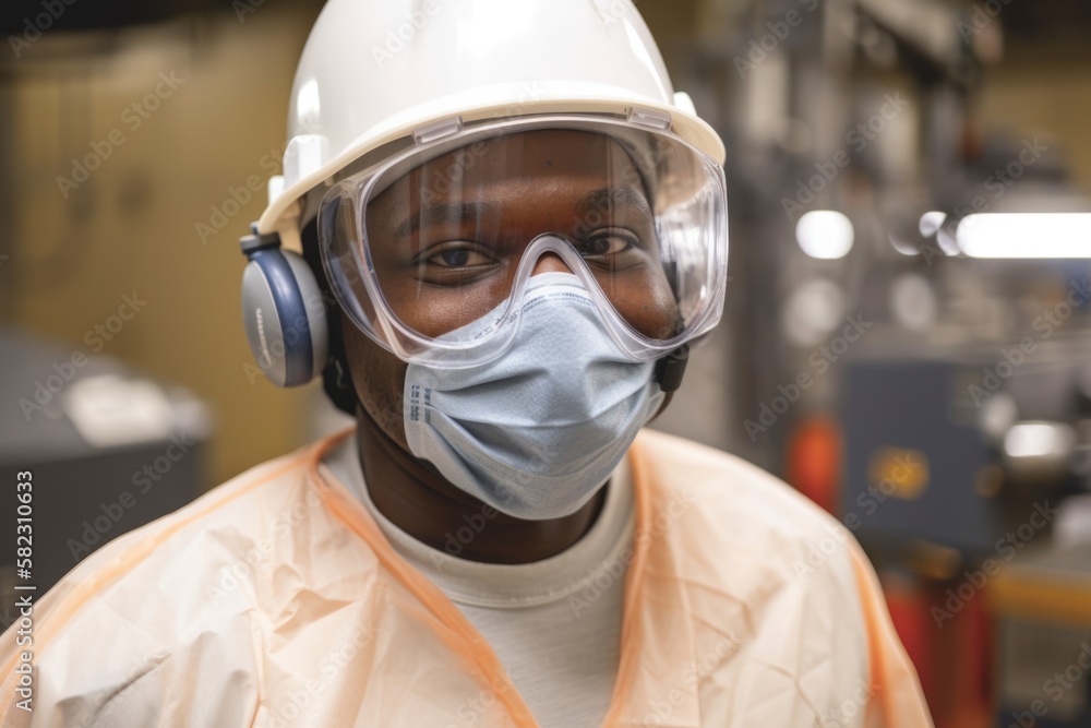 worker in protective helmet, safety glasses, west and safety gloves wearing personal safety accessories (psa) - generative ai worker in protective helmet, safety glasses, west and safety gloves wearing personal safety accessories (psa) - generative ai