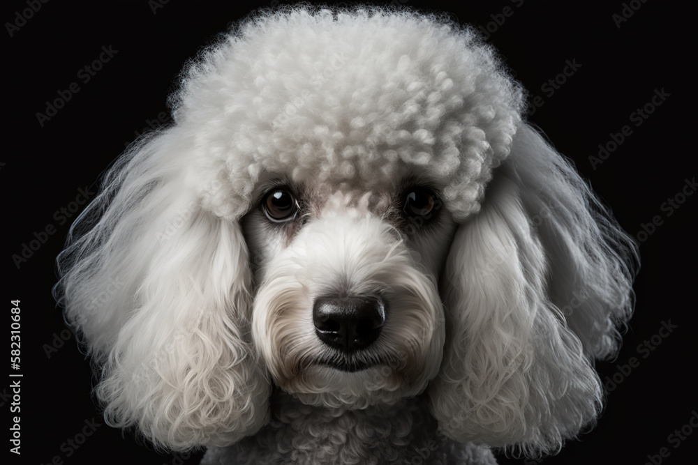 Generative AI. Portrait of a white poodle on a dark background