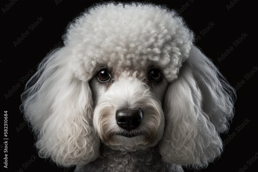 Generative AI. Portrait of a white poodle on a dark background Generative AI. Portrait of a white poodle on a dark background