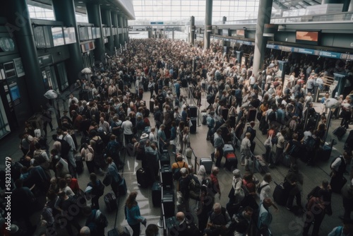 crowded airport - ready for vacation - stressful check in at peak times with long wait times - generative ai