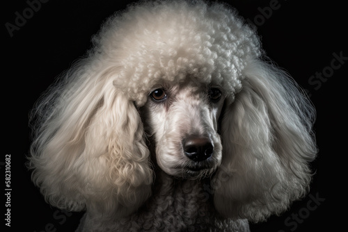 Generative AI. Portrait of a white poodle on a dark background © britaseifert