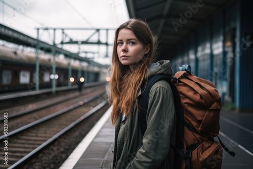 young woman waiting for the train to travel - generative ai