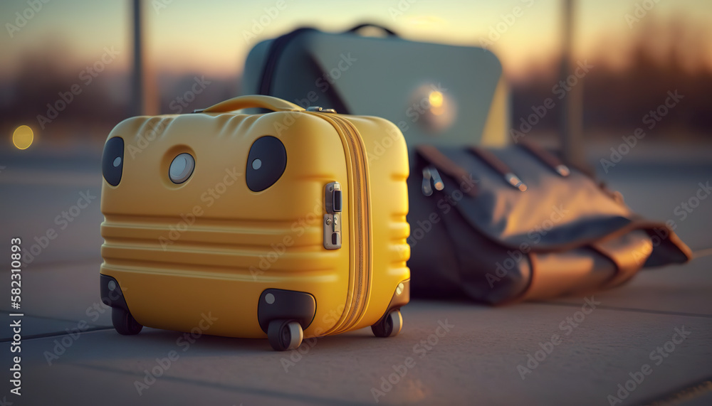 Suitcases in airport. Suitcases for travelling in airport. Travel concept. 3D realistic illustration. Based on Generative AI