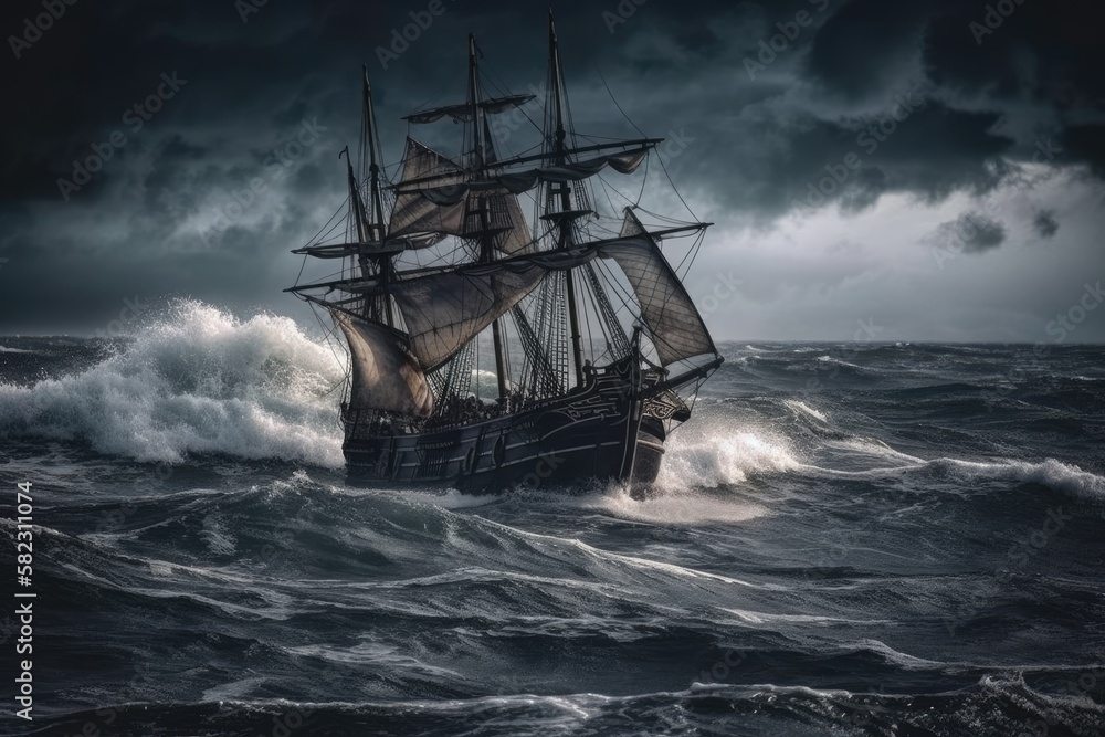 Fototapeta premium In a choppy sea, an old ghost ship is sailing. Generative AI