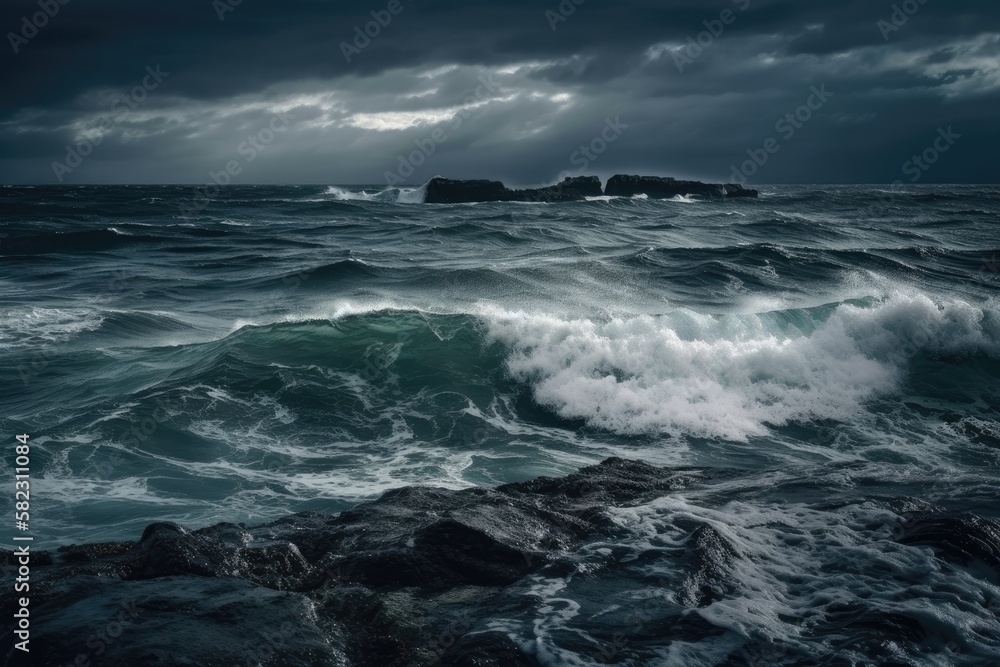 Fototapeta premium sea wave and ominous clouds in the distance. Generative AI