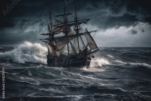 In a choppy sea, an old ghost ship is sailing. Generative AI © AkuAku