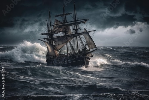 In a choppy sea, an old ghost ship is sailing. Generative AI