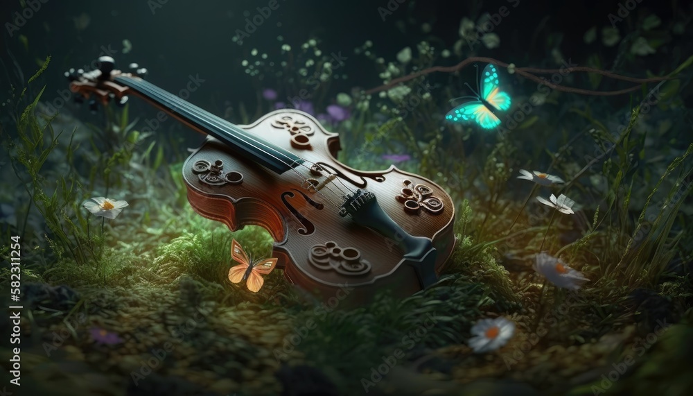 Naklejka premium magic violin on the meadow