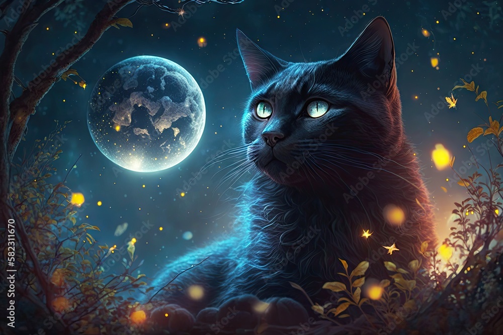 witch black cat on the full moon background Stock Illustration | Adobe Stock