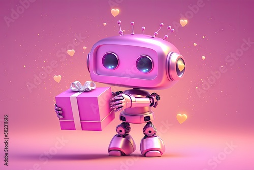 happy pink robot with a gift box © natalikp