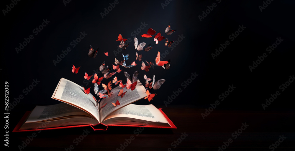 Storytelling book writing concept, romance theme, butterflies flying over open book illustration banner, copy space on black background. Generative AI - obrazy, fototapety, plakaty 