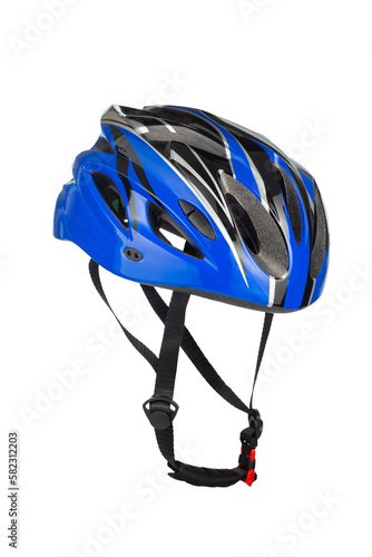 A studio shot of a black and blue helmet for byciclist isolated on white background. Bicycle helmet with a strap for fixing on the head.