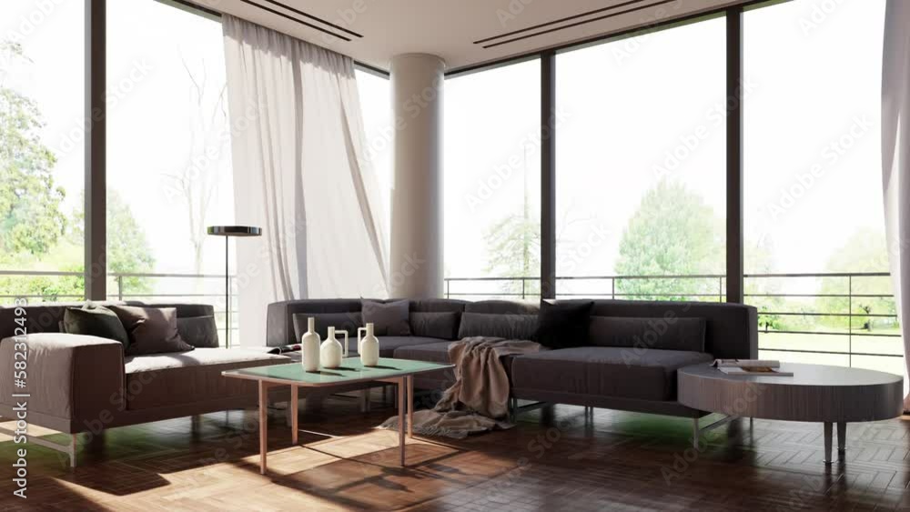 footage Illustration 3D rendering large luxury modern bright interiors Living room mockup computer digitally generated image