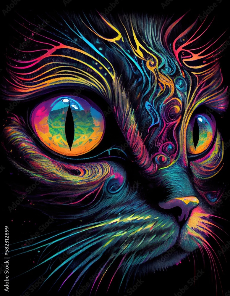 Cat with dilated eyes, psychedelic. Generative AI
Cat with dilated eyes, psychedelic. Generative AI