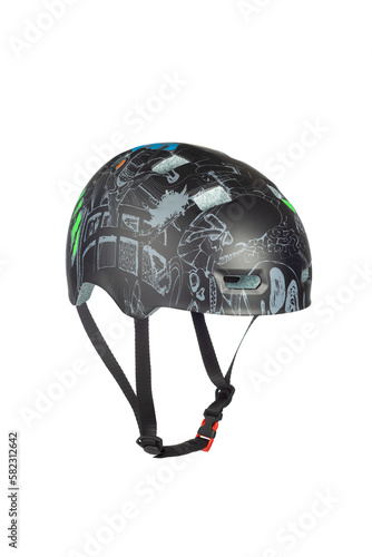 A studio shot of a gray helmet for byciclist isolated on white background. Bicycle helmet with a strap for fixing on the head.