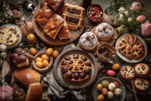 Hot cross buns, cakes, waffles, and pancakes are on the dessert buffet for Easter. view from above. Generative AI