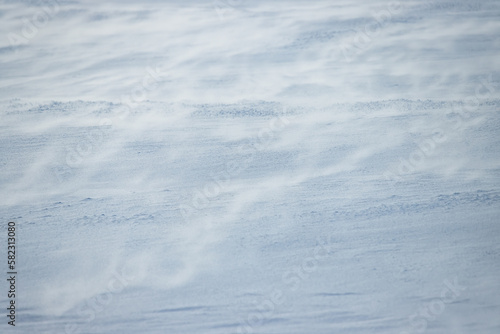 Beautiful winter background with snowy ground. Natural snow texture. Wind sculpted patterns on snow surface. Arctic, Polar region.