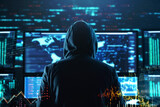 A skilled hacker monitors stock market and cryptocurrency graphs, stealthily manipulating financial data and investments from his computer. Generative AI