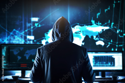A skilled hacker monitors stock market and cryptocurrency graphs, stealthily manipulating financial data and investments from his computer. Generative AI