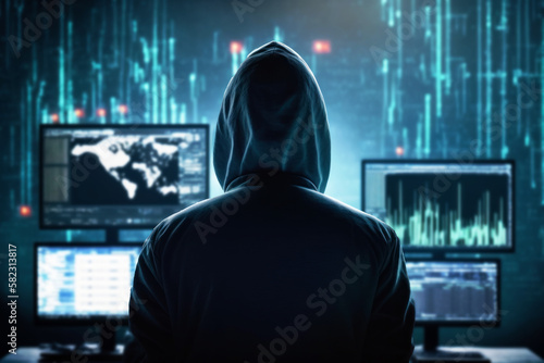 A skilled hacker monitors stock market and cryptocurrency graphs  stealthily manipulating financial data and investments from his computer. Generative AI