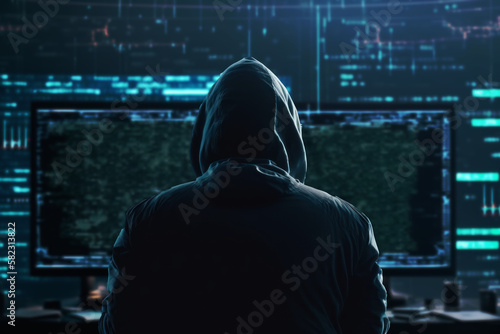 A skilled hacker monitors stock market and cryptocurrency graphs  stealthily manipulating financial data and investments from his computer. Generative AI