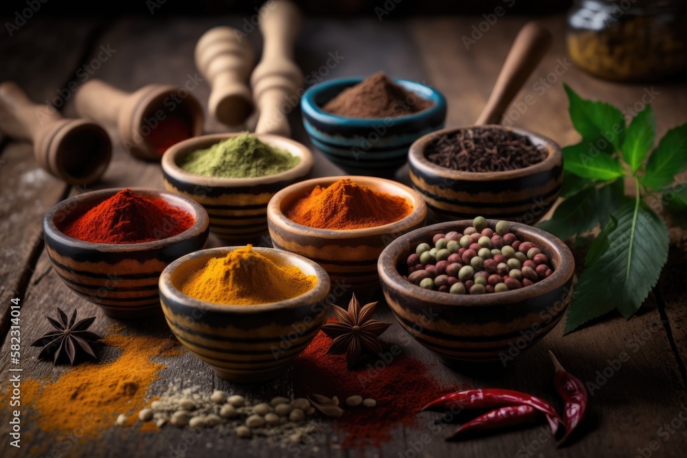 Different seasonings in cups. Spice background on the table. Generative AI. Different seasonings in cups. Spice background on the table. Generative AI.