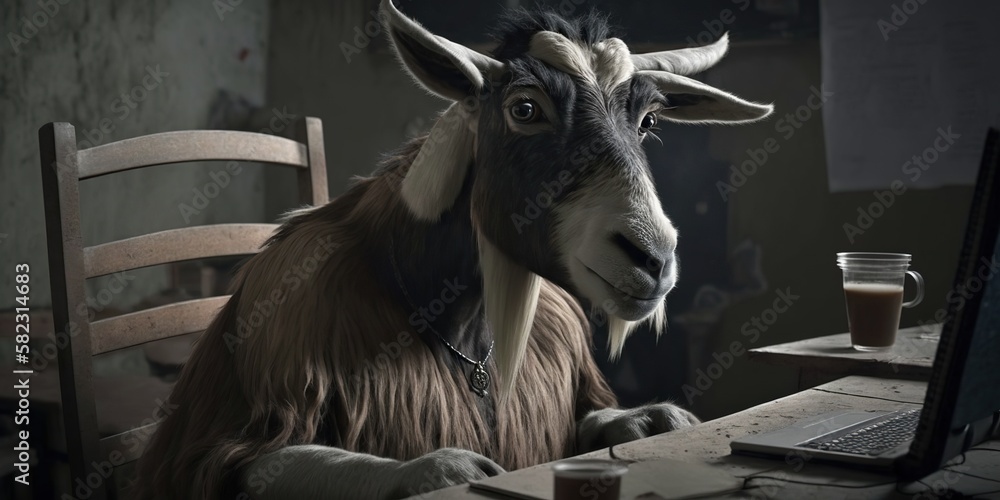 Goat sitting at desk with computer looking like its hard at work or ...