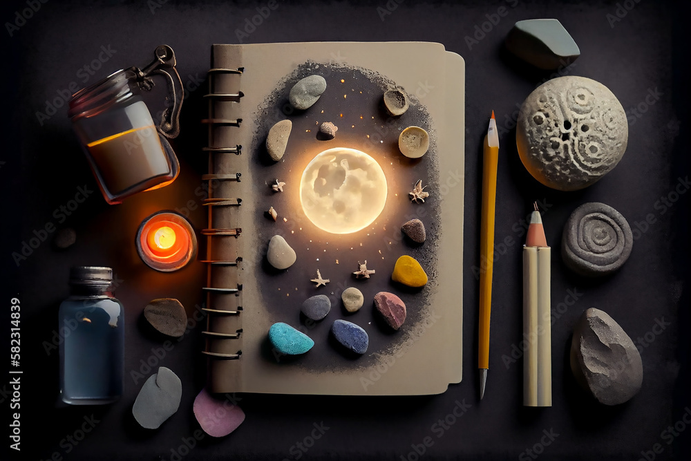 Moonlit self-care essentials with dream journal, scented candle, pen and spa stones on dark paper background. - Generative Ai