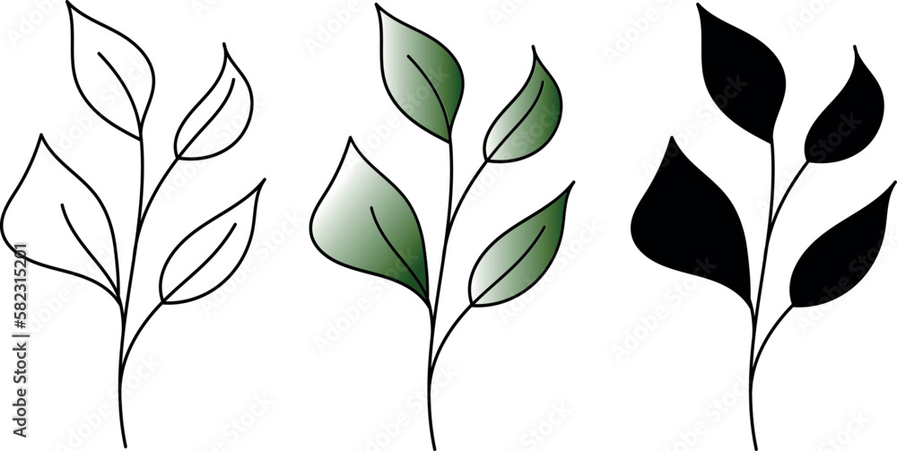 Set of graphic vector plant branches with leaves and transparent ...