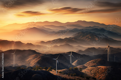 Sunset Landscape with many wind turbines producing green energy. Ecological energy. Generative AI.