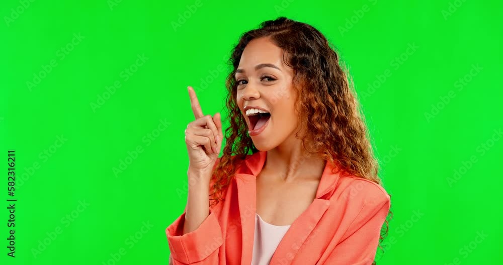 Thinking, wow and snap with a black woman on green screen background in studio feeling excited or optimistic. Portrait, idea and click with a surprised or attractive young female on chromakey mockup Thinking, wow and snap with a black woman on green screen background in studio feeling excited or optimistic. Portrait, idea and click with a surprised or attractive young female on chromakey mockup