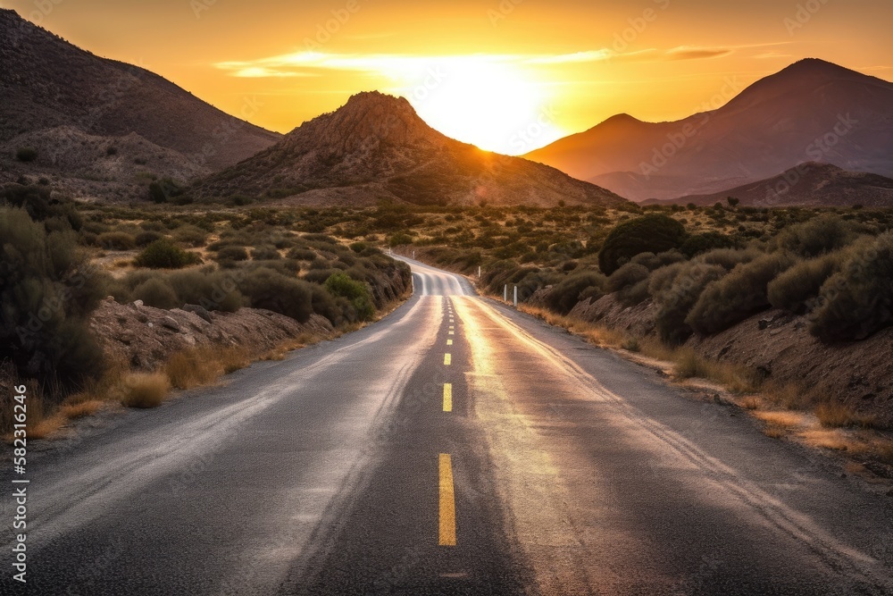 asphalt road leading to a mountain at dusk. beautiful landscape scene traveling idea. Generative AI