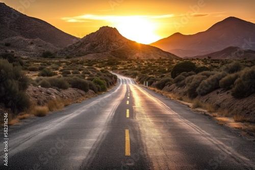asphalt road leading to a mountain at dusk. beautiful landscape scene traveling idea. Generative AI
