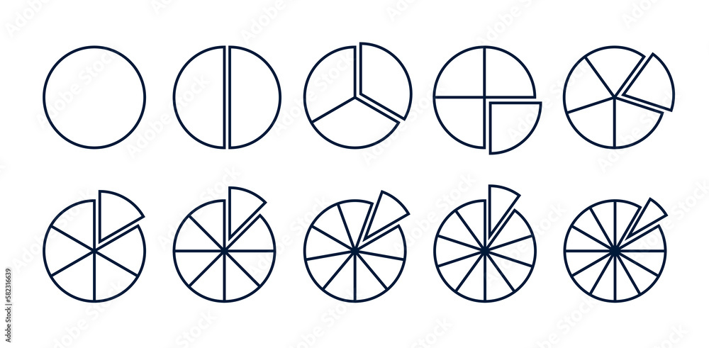 Circles divided diagram 3, 10, 7, graph icon pie shape section chart. Segment circle round vector 6, 9 devide infographic. Circles divided diagram 3, 10, 7, graph icon pie shape section chart. Segment circle round vector 6, 9 devide infographic.