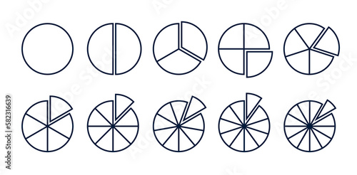 Circles divided diagram 3, 10, 7, graph icon pie shape section chart. Segment circle round vector 6, 9 devide infographic.