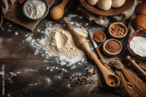 Banner featuring a background of a bakery and room for your writing. Top view of bakery supplies and flour against a rustic background. Generative AI