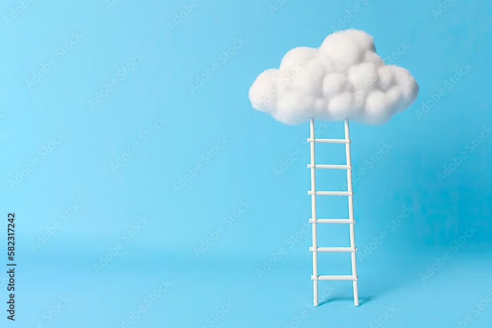 Step ladder leading to clouds. Stairway to the cloud on a blue background. Minimal creative idea concept Step ladder leading to clouds. Stairway to the cloud on a blue background. Minimal creative idea concept