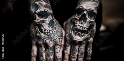 Hands of a tattooed man close-up. Skull tattoo on the arms. Hipster style. digital art