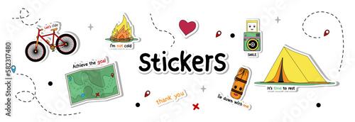 A set of different bright stickers for travel, hiking.