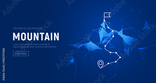 Digital mountain path success route journey. 3d mountain challenge background concept map top success.