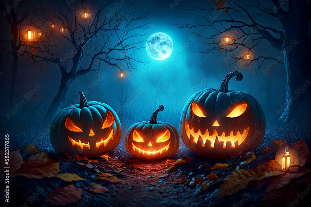 Naklejka premium Jack O’ Lanterns Glowing At Moonlight In The Spooky Night, Generative AI