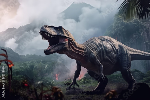 Tyrannosaurus rex in the jungle against the backdrop of an erupting volcano