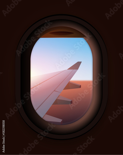 Airplane window vector inside flight interior concept. Fly window airplane cabin interior sunset open view passenger.